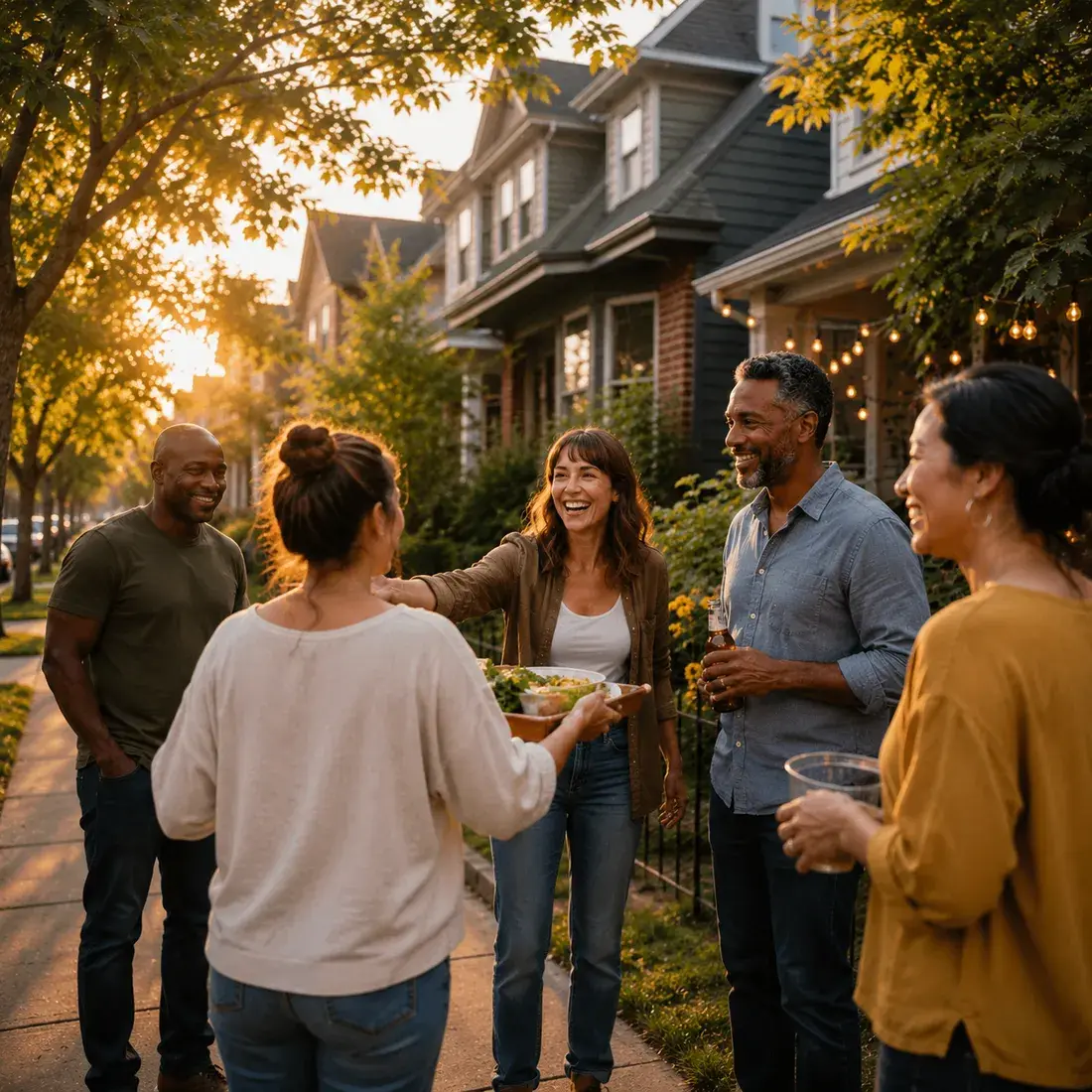 Neighbours chatting and laughing together on a sunny street