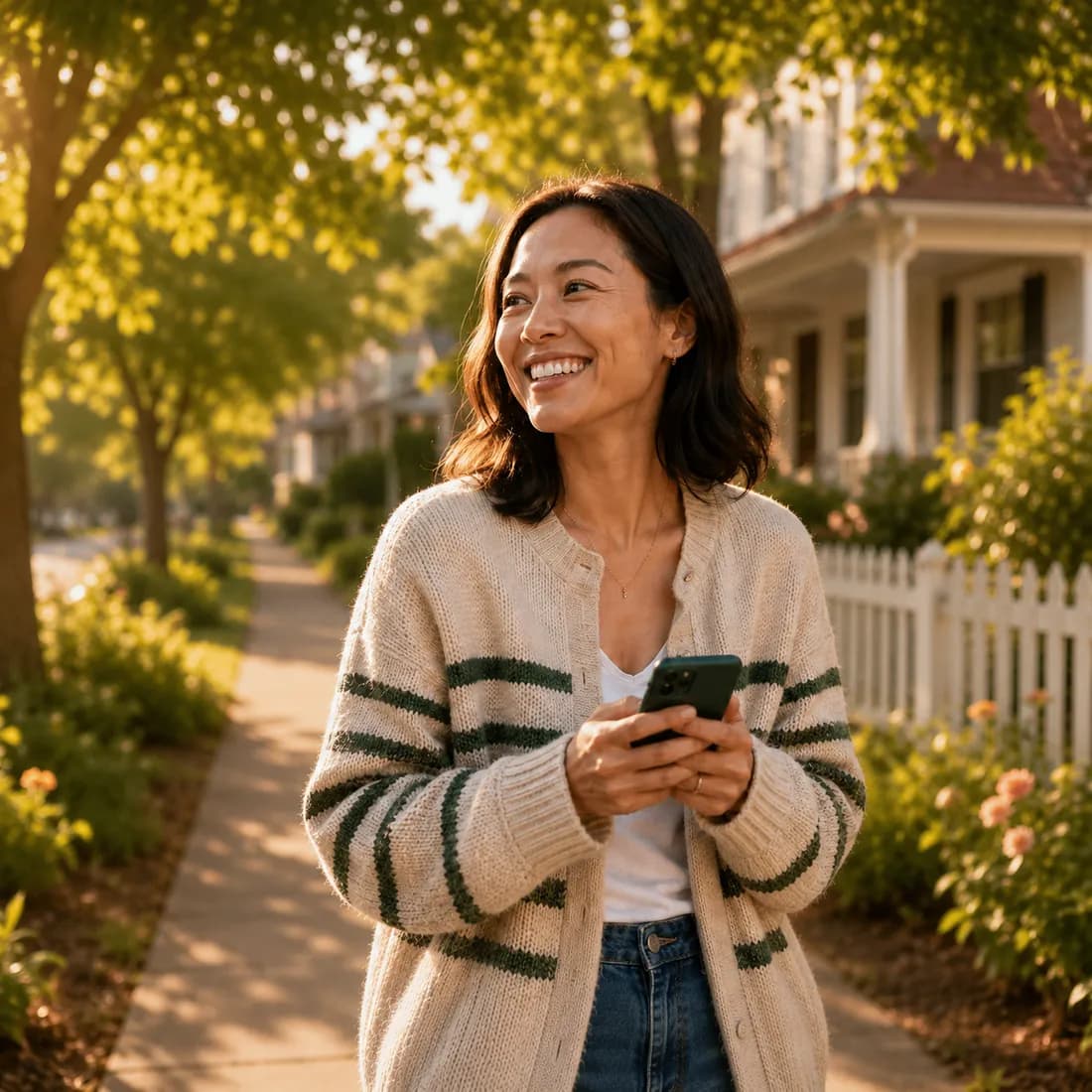 Woman smiling while using the Neya app in her neighbourhood