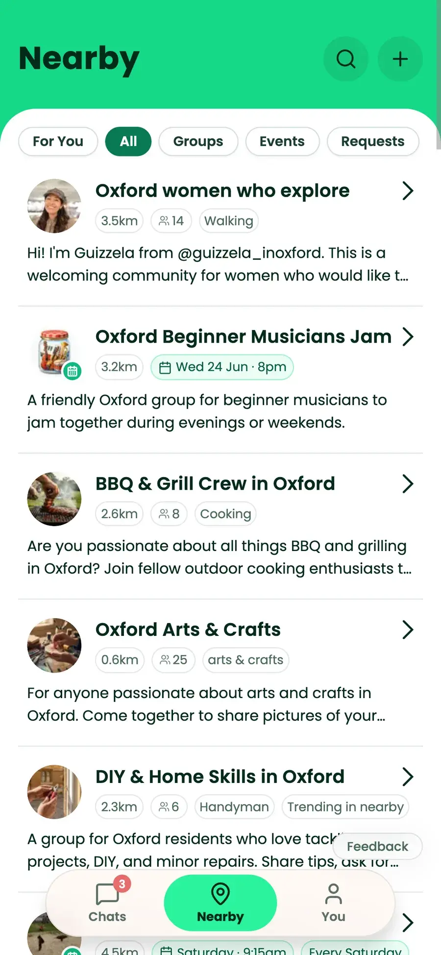 Neya Nearby tab showing local groups and events
