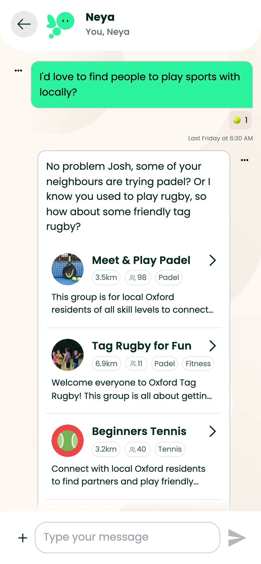 Chat with Neya suggesting local groups to join